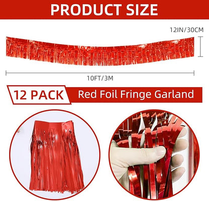 12 Pack 10 Feet Metallic Foil Fringe Garland Tinsel Streamers Banner, Red Wall Hanging Tinsel Fringe Banners for Parade Floats, Wedding, Birthday, Christmas, New Year Party Decorations