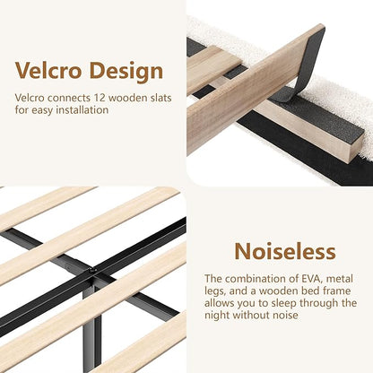 Queen Size Boucle Bed Frame, Upholstered Cloud Platform Bed Frame with Adjustable Headboard, Vertical Tufted, Soft Rounded Corners, No Box Spring Needed, Noise Free Design, Easy Assembly, Beige