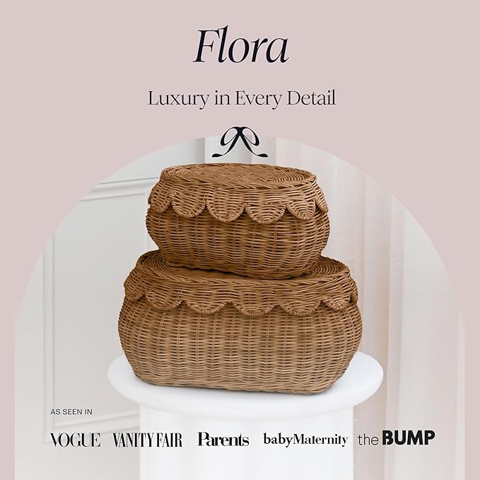 BEBE BASK The Original Scalloped Basket Set Of 2 - Small Scallop Basket - 15 x 10 x 6 In - Hand-Woven & Award-Winning - Elegant Wicker With Scalloped Edge Lid - Nursery Storage - (Mocca)