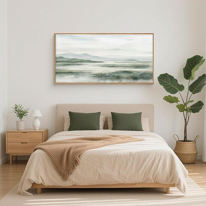 HOURIA Large Watercolor Misty Green Mountain Framed Canvas Wall Art,Neutral Brush Stroke Wall Decor,Modern Landscape Artwork,Nature Minimalist Art Print for Living Room,Bedroom,Office-20 x40 x1