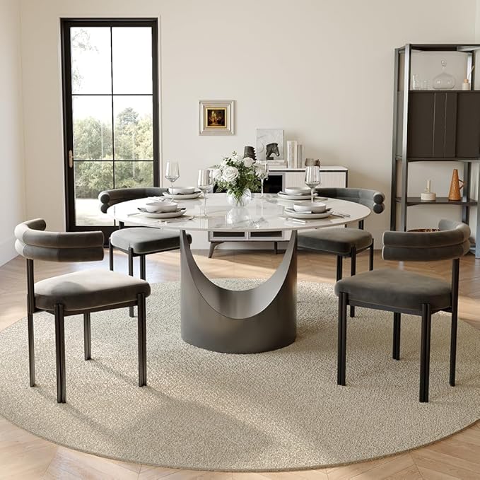 POVISON Round Dining Table for 4, 47" Glossy White Sintered Stone Top Dining Table with Grey Carbon Steel Pedestal, Modern Dining Room Table for Kitchen, Living Room (Table Only)