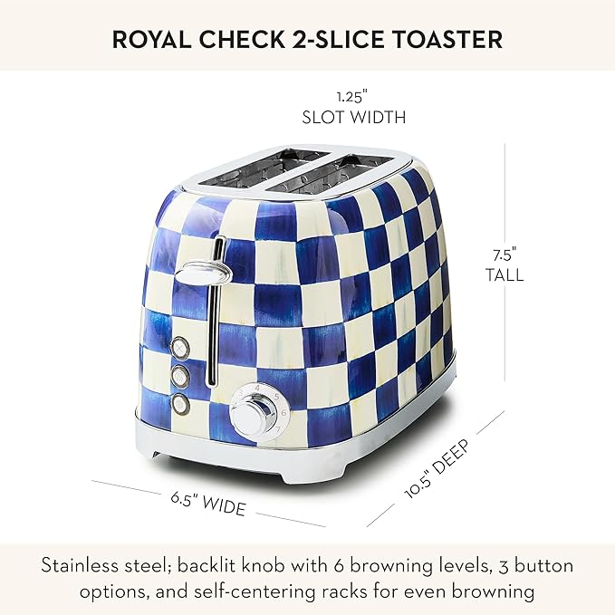 MACKENZIE-CHILDS 2-Slice Toaster, Decorative Toaster for Kitchen, Blue-and-White Royal Check