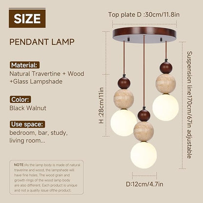 Wabi Sabi Pendant Light,3-Light Travertine Stone Fixture-Japandi Japanese Style Lamp,Nordic Wood Chandelier,Spherical Scandinavian Pendant Light Suits Kitchen Islands,Dining & Living Rooms(Walnut)
