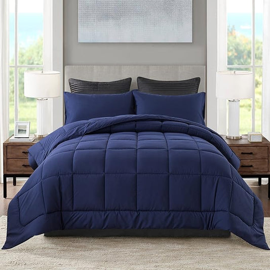 DOWNCOOL Queen Comforter Set -All Season Bedding Comforters Sets with 2 Pillow Cases -3 Pieces Bedding Sets Queen -Down Alternative Navy Comforter Set for Queen Size Bed(88"x90")