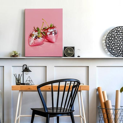 APJYM Funky Red Strawberry Wall Art, Trendy Retro Y2K Disco Ball Strawberry Canvas Wall Art, Aesthetic Posters for Girls Bedroom, Pink Room Decor Y2K, Preppy Room Decor, 11x14 Inches Framed