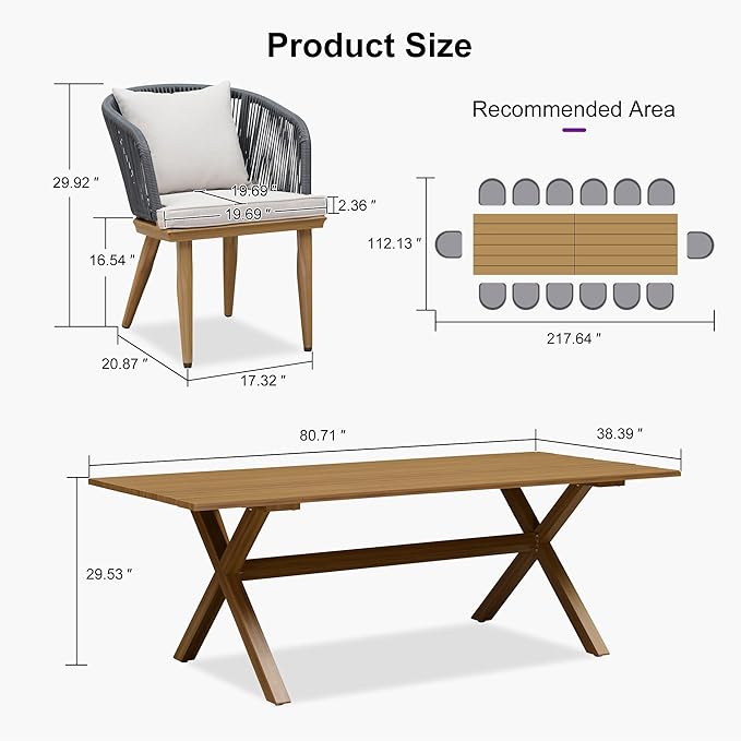PURPLE LEAF 16 Pieces Patio Dining Table Set Wicker Outdoor Furniture Rectangular Table and Chairs Set for Garden Deck Teak-Finish Aluminum Frame Backyard Kitchen Set, Cushions and Pillows Included