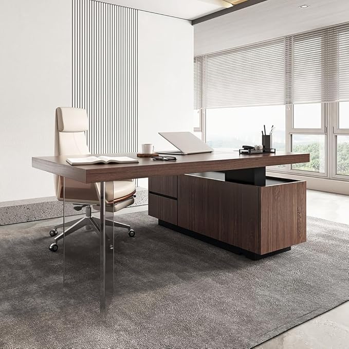 homary 71.5" Modern L-Shaped Desk, Home Executive  Office Desk with Lift-Top & Storage Cabinet Walnut Productivity & Ergonomic Comfort Standing Desk for Study, Home Office, Office