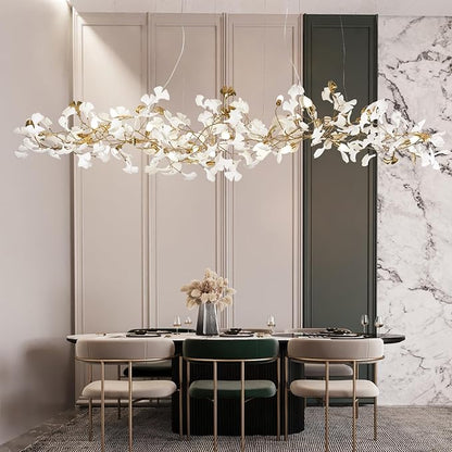 L98.42 Large Modern Chandelier for Entryway, 20-Light Gold Tree Branch Chandeliers, Luxury Ceramic Ginkgo Ceiling Light Fixtures, Hanging Brass Chandelier for Dining Room, Living Room