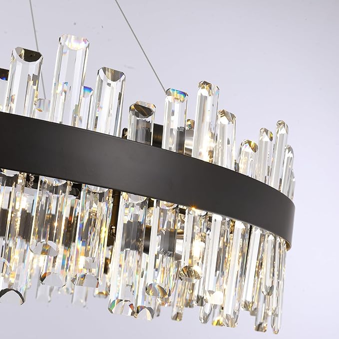 Siljoy Modern Crystal Chandelier Farmhouse Black Round 2-Tiers K9 Crystal Raindrop Chandelier Adjustable Flush Mount Crystal Ceiling Light for Dining Living Room Entryway Foyer E12x20, D39.4''