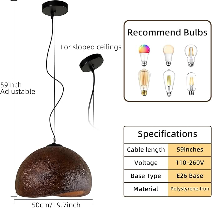 JAYMP 50cm Wabi Sabi Pendant Light for Dining Room Kitchen Island Farmhouse Hanging Lamp E26 Base Japanese Style Bird Nest Shape Lighting Fixture (Dark Brown,B Shape, 50cm/19.7in)