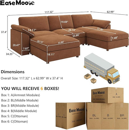 EASE MOOSE Oversized Modular Sectional Couch,Deep Seat L Shape Sectional Couch,Comfty Chenille Modular Sofa for Living Room, Removable Cover,Light Gray