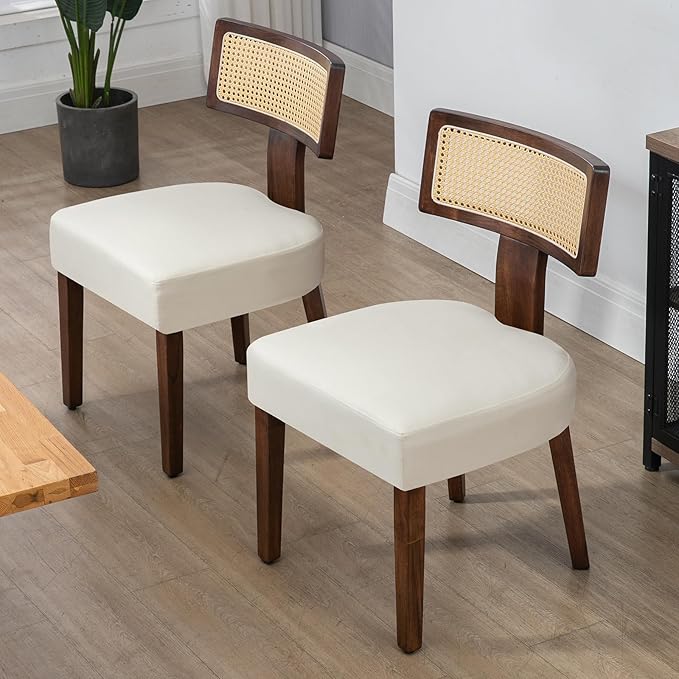 Rattan Dining Chairs Set of 6, Mid-Century Modern Fabric Dining Room Chairs with Brown Hardwood Frame, Upholstered Curved Backrest Kitchen Chair Armless for Living Room (Cream)