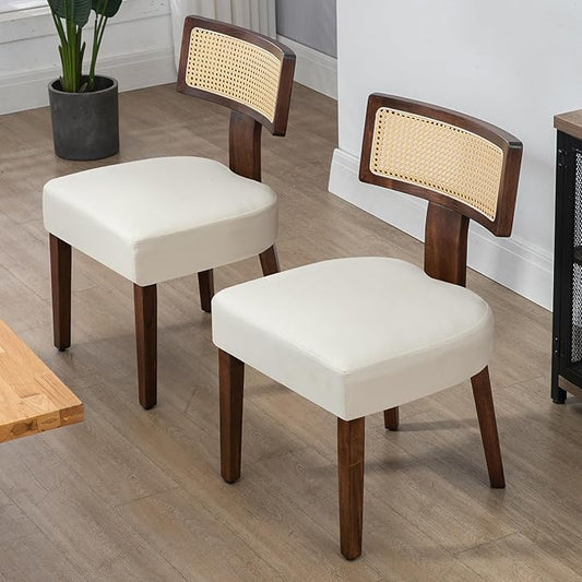 Rattan Dining Chairs Set of 6, Mid-Century Modern Fabric Dining Room Chairs with Brown Hardwood Frame, Upholstered Curved Backrest Kitchen Chair Armless for Living Room (Cream)