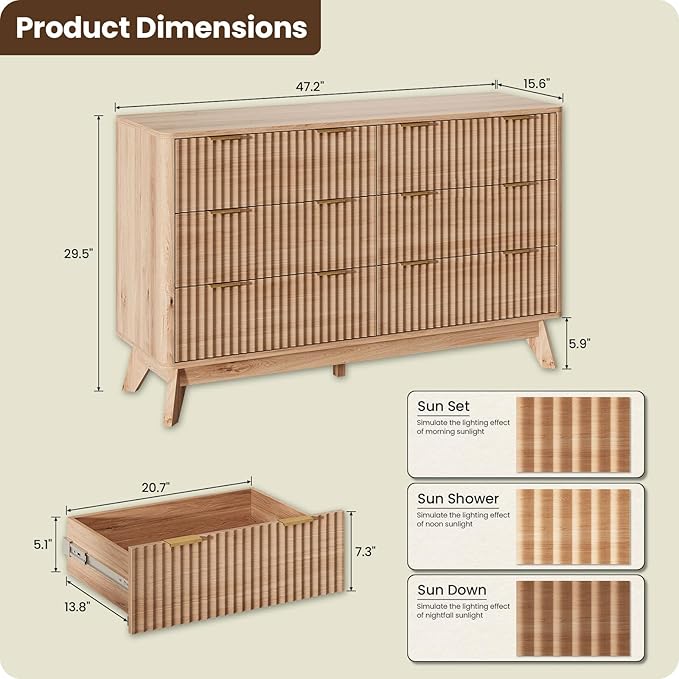 47'' Wide 6 Drawers Dressers for Bedroom, Modern Fluted Chest with Arc Corners, Large Wooden Dresser TV Stand, Wood Closet Clothes Storage Organizer for Living Room, Natural Wood