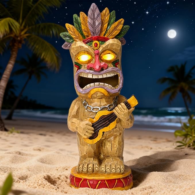 Solar Tiki Garden Statue with LED Eyes Outdoor Resin Ukulele Player Yard Decor Solar Light Hawaiian Style Lawn for Patio Porch Lawn Tiki Bar or Tiki Lover Funny Gifts