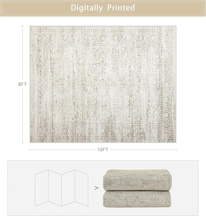 Washable Rugs 8x10 Area Rugs for Living Room,Ultra Soft Faux Wool Retro Rugs for Bedroom,Dining Room,Non Slip&Non-Shedding Low Pile Vintage Print Rug Indoor Large Carpets for Home Office Decor