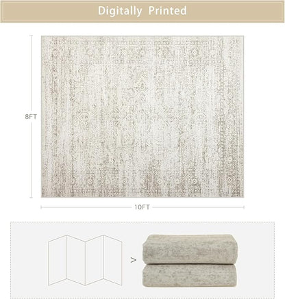 Washable Rugs 8x10 Area Rugs for Living Room,Ultra Soft Faux Wool Retro Rugs for Bedroom,Dining Room,Non Slip&Non-Shedding Low Pile Vintage Print Rug Indoor Large Carpets for Home Office Decor