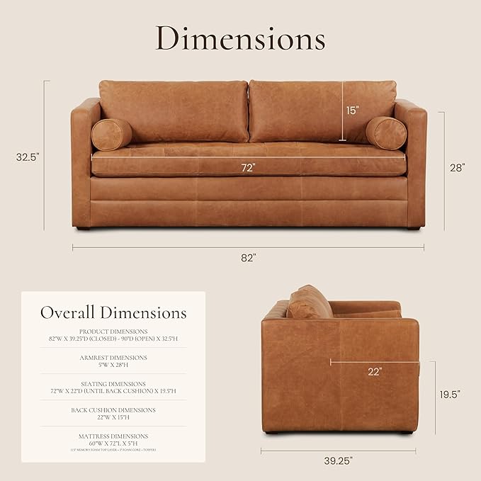 POLY & BARK Napa 82" Pull-Out Convertible Sleeper Sofa in Full-Grain Pure-Aniline Italian Leather, Cognac Tan