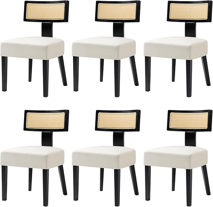 Upholstered Rattan Dining Chairs Set of 6, Mid-Century Modern Fabric Dining Room Chairs with Black Hardwood Frame, Curved Backrest Kitchen Armless for Living Room (Cream)