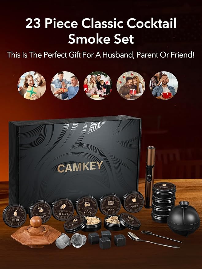 23Pcs Whiskey Smoker Kit with Torch-12 Wood Chips, Ice Ball Mold, Cocktail Smoker Infuser Kit, Old Fashioned Drink Smoker Kit, Birthday Bourbon Whiskey Gifts for Men,Husband,Dad,Him