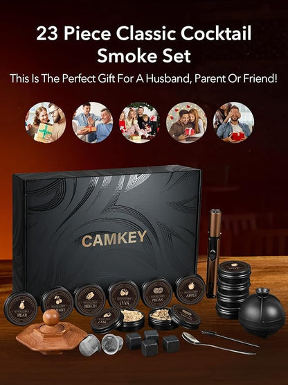 23Pcs Whiskey Smoker Kit with Torch-12 Wood Chips, Ice Ball Mold, Cocktail Smoker Infuser Kit, Old Fashioned Drink Smoker Kit, Birthday Bourbon Whiskey Gifts for Men,Husband,Dad,Him