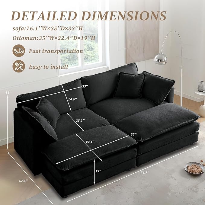 SoarFlash Chenille Sectional Sofa, Comfy Modular Coush Sofa with Ottoman, Modern 2 Seat Recliner Deep Seat Sofa Set for Living Room,Grey