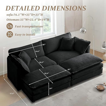 SoarFlash Chenille Sectional Sofa, Comfy Modular Coush Sofa with Ottoman, Modern 2 Seat Recliner Deep Seat Sofa Set for Living Room,Grey