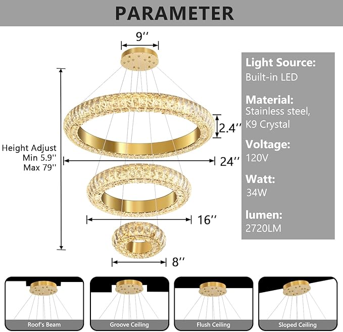 23.6" 3 Ring Crystal Chandelier Modern LED Dimmable Ring Pendant Light Round Chandelier for Dining Room Living Room Gold