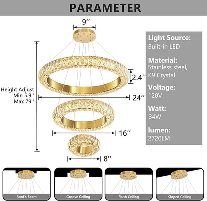 23.6" 3 Ring Crystal Chandelier Modern LED Dimmable Ring Pendant Light Round Chandelier for Dining Room Living Room Gold