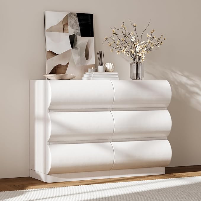 homary Modern 6 Drawers Dresser, 39.4" Wide Faux Leather Chest of Drawers with Modern Design, Storage Dressers Organizer for Bedroom Living Room Hallway, White