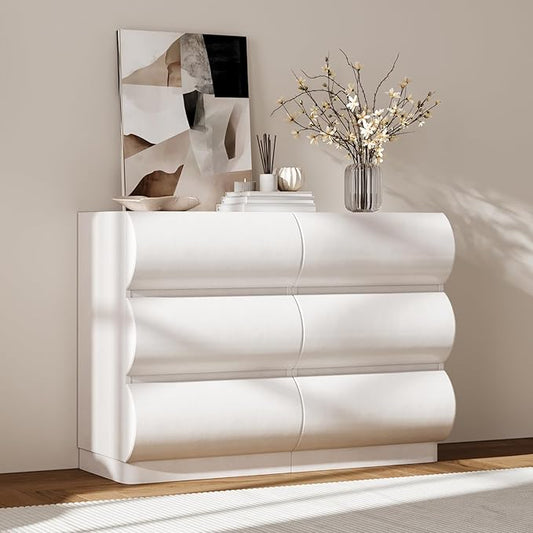 homary Modern 6 Drawers Dresser, 39.4" Wide Faux Leather Chest of Drawers with Modern Design, Storage Dressers Organizer for Bedroom Living Room Hallway, White
