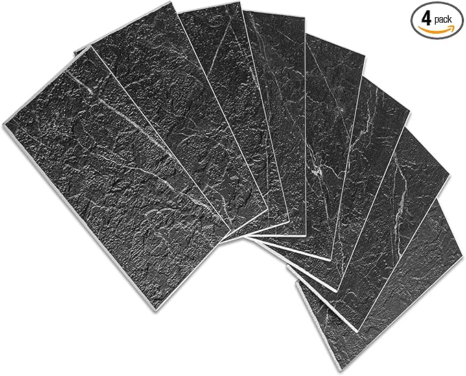 AULIGET 3" x 6" Subway Tile Peel and Stick Backsplash, Thick PVC Stick on Wall Tiles (4, Black Marble with White Grout)