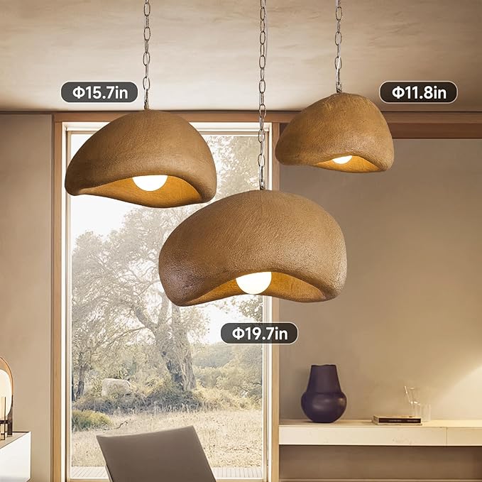 Rustic Light Fixture Pendant Lights Kitchen Island Wabi Sabi 15.7in Dining Room Lighting Brown Chandelier Japanese Style Hanging Ceiling Lights for Bedroom Hallway Restaurant Foyer