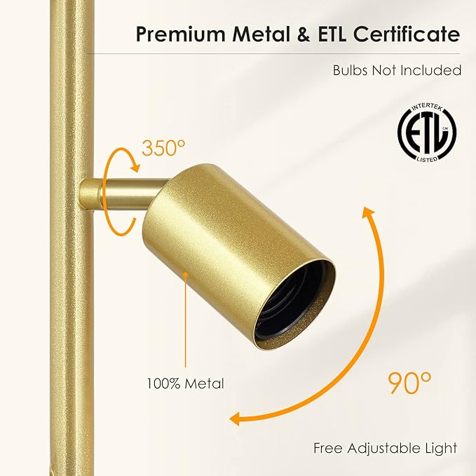 BoostArea Tree Floor Lamp, Brass Gold Industrial Floor Lamp, Modern Standing Lamp with Adjustable 3 Light, E26 Socket, Rotary Switch, Boho Stand Up Lamp Pole Lamps for Living Room, Bedroom (No Bulbs)