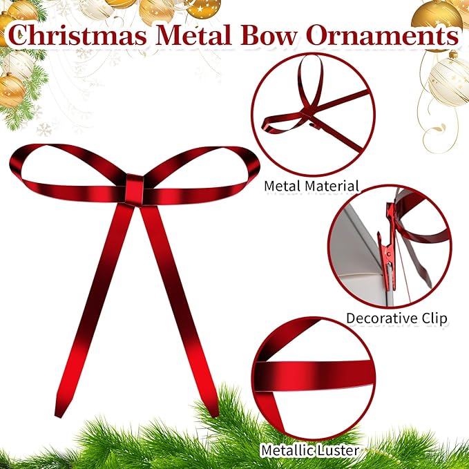 20 Pcs Christmas Metal Bow Ornaments with Clip, 5 x 6 Inch Christmas Bows Door Garland Decor Vintage Wreath Bow for Tree, Wreath, Gift Wrapping (20, Red)