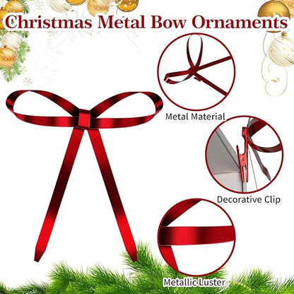 20 Pcs Christmas Metal Bow Ornaments with Clip, 5 x 6 Inch Christmas Bows Door Garland Decor Vintage Wreath Bow for Tree, Wreath, Gift Wrapping (20, Red)