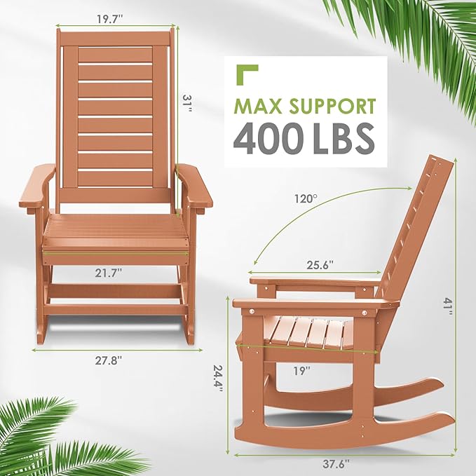 GREENVINES Outdoor Rocking Chair Set | 3-Piece | 2 Rocking Chairs with 1 Side Table | Porch Rocker | HDPE Plastic | Teak | Patio Furniture Sets | High Back | Big & Tall | Ladder Back