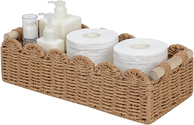 CubesLand Paper Rope Scalloped Edge Toilet Paper Storage Basket, Small Living Room, Bedroom Decor Baskets for Over Toilet Storage Shelf, Shelves and More, with 2 Wooden Handle, Neutral