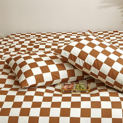 Pureant Pumpkin White Plaid Comforter Set King Brown and White Checkered Bedding Comforter Soft Women Girls Brown Checkerboard Grid Quilts King Size Boho Pumpkin Buffalo Plaid Comforter Geomertic