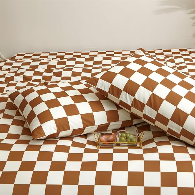 Pureant Pumpkin White Plaid Comforter Set Full Brown and White Checkered Bedding Comforter Soft Women Girls Brown Checkerboard Grid Quilts Full Size Boho Pumpkin Buffalo Plaid Comforter Geomertic