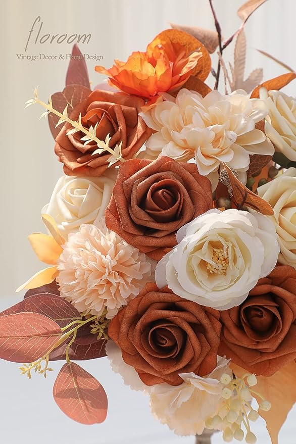 Floroom Artificial Flowers 25pcs Real Looking Burnt Orange Foam Fake Roses with Stems for DIY Terracotta Wedding Bouquets Bridal Shower Centerpieces Floral Arrangements Party Tables Home Decorations