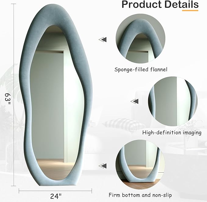 Honyee Full Length Mirror, 63" x 24" Wall Mirror, Flannel Wrapped Wooden Frame Full Body Mirror, Irregular Wavy Mirror Hanging or Leaning Against Wall for Cloakroom/Bedroom/Living Room, Blue