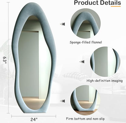 Honyee Full Length Mirror, 63" x 24" Wall Mirror, Flannel Wrapped Wooden Frame Full Body Mirror, Irregular Wavy Mirror Hanging or Leaning Against Wall for Cloakroom/Bedroom/Living Room, Blue