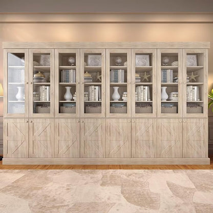 Vyre 71" Tall Farmhouse Bookshelves with Glass Doors, Set of 4 – Large Modular Bookcase with Adjustable Shelves, Storage Cabinet for Living Room, Kitchen, Home Office, Brown