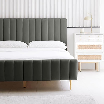 Livinia Twin Size Elton Velvet Platform Bed, Upholstered Bed Frame with Vertical Channel Tufted Headboard Footboard, Strong Wood Slats, No Box Spring Needed, Gray (Twin)