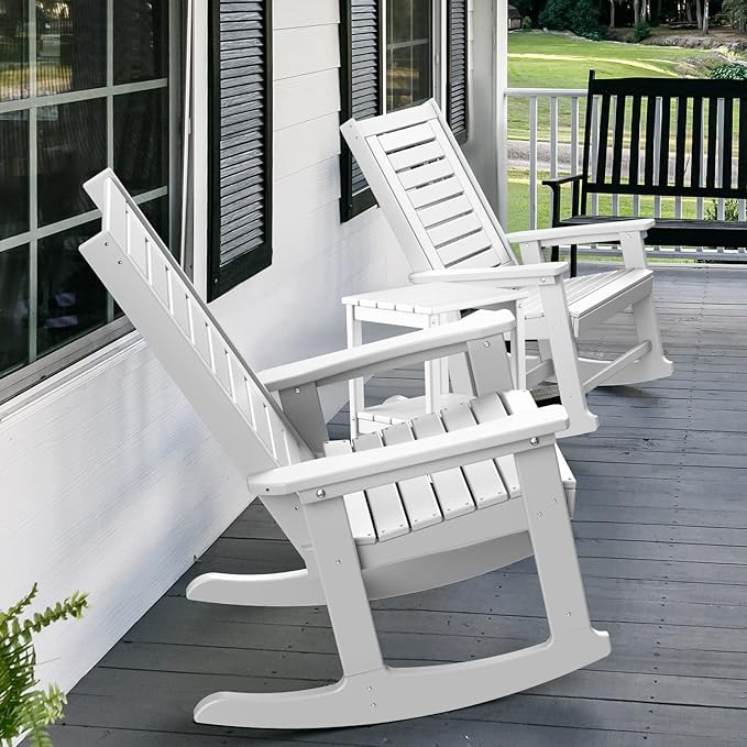 GREENVINES Outdoor Rocking Chairs | Set of 4 | Porch Rocker | HDPE Plastic | White | Oversized Rockers | High Back | Big & Tall | Ladder Back | for Patio Outside Backyard Balcony Garden
