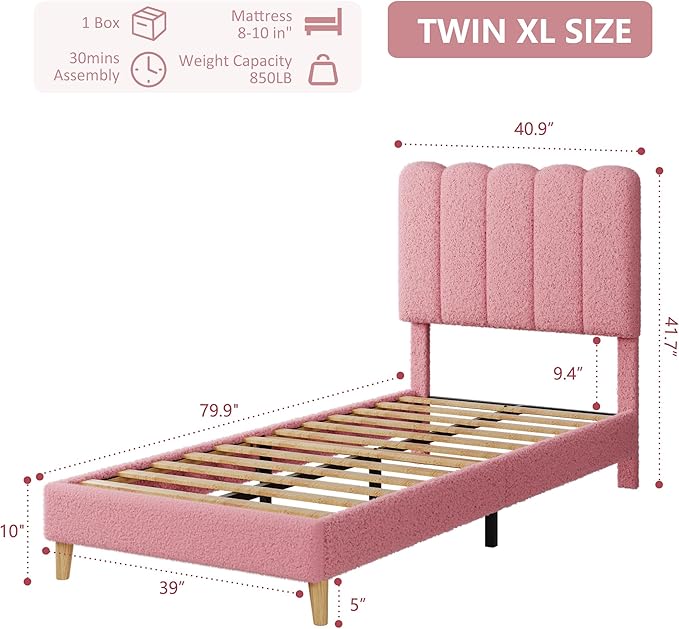 GarveeHome Twin XL Bed Frame, Boucle Upholstered Platform Bed with Wave Headboard for Girls/Kids, Easy Assembly, Wooden Slats Support, No Box Spring Needed, Light Pink