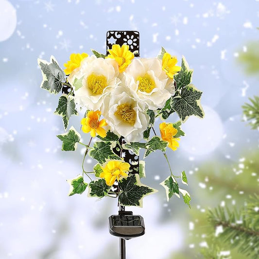 Starryfill Solar Cross Lights with Three Flowers, Solar Metal Stake with Led Warm White Lights Decorative for Outdoor Remembrance Sympathy Grave Gifts
