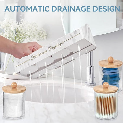 Toothbrush Holders, Toothbrush Holders for Bathroom with 6 Large Capacity Storage Slots & 3 Qtip Holders - Sturdy for Bathroom Counter Organizers and Storage Countertop - Marble White