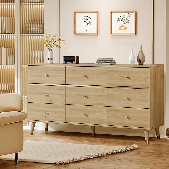 9 Drawer Dresser 63" Wide Mid Century Modern Chest of Drawers, Wood